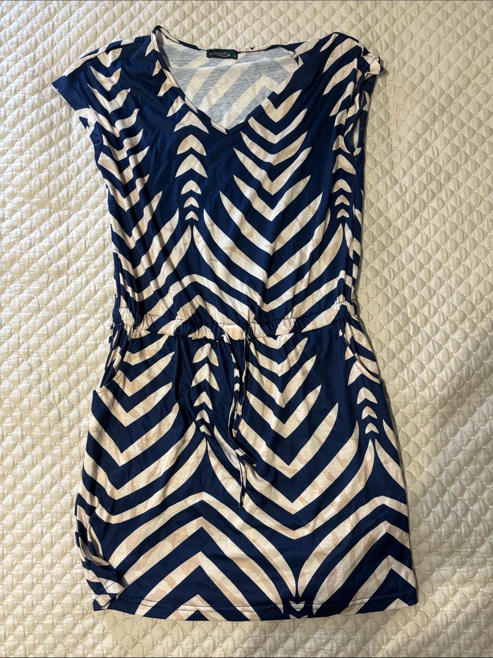 Casual Navy & White Chevron Drawstring Women’s Dress